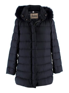 Herno Navy Puffer Fur Trimmed Coat