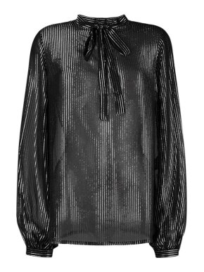 Saint Laurent Black Striped Lame Pussybow Blouse