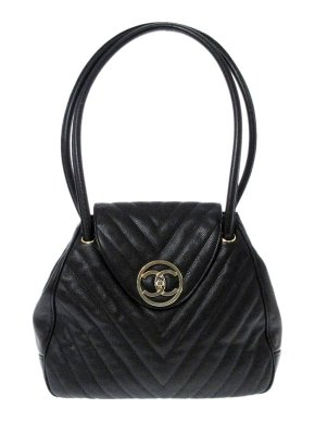 Chanel Black Caviar Chevron CC Shoulder Bag
