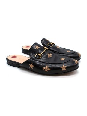 Gucci Embroidered Bee Black Leather Slip Loafers