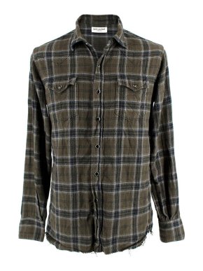 Saint Laurent Khaki Distressed Check Shirt