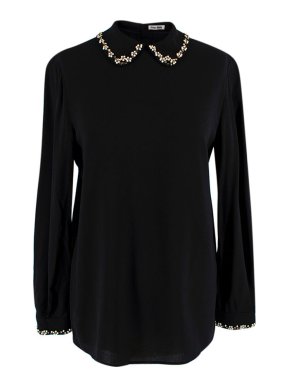 Miu Miu Embellished Collar Black Crepe  Blouse