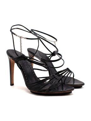 Saint Laurent Chain Detail Black Leather Strappy Sandals