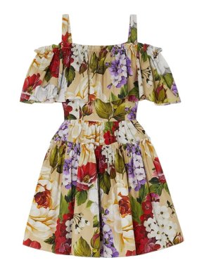 Dolce & Gabbana Floral Print Off Shoulder Cotton Poplin Dress