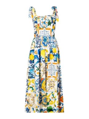 Dolce & Gabbana Majolica Tile Print Cotton Poplin Midi Dress