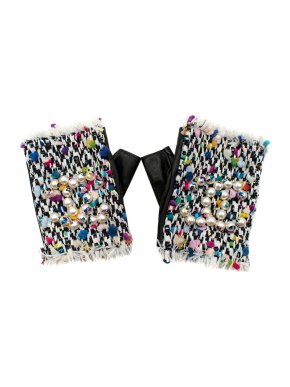 Chanel Multicoloured Tweed Pearl Embellished Fingerless Gloves