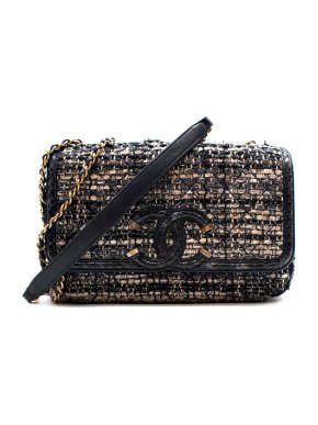 Chanel Tweed Quilted & Navy Lambskin Small Filigree Flap Bag