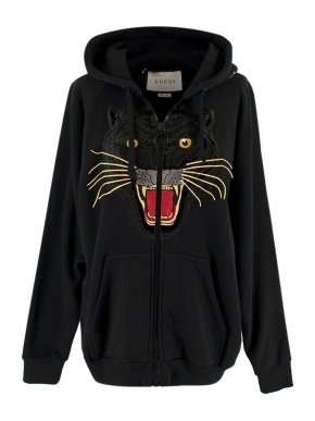 Gucci Black Panther Floral Embroidered Zip Up Hoodie
