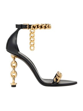 Tom Ford Black Leather Chain Heel Ankle Strap Sandals