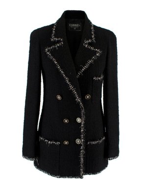 Chanel Black Tweed Contrast Trim Double Breasted Tailored Jacket