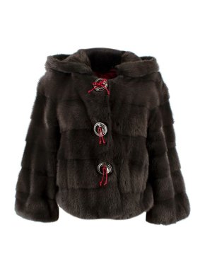 Helen Yarmak Brown Cropped Mink Fur Short Hooded Coat