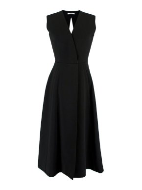 Celine Black Crepe Pleated Wrap Midi Dress