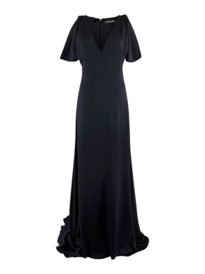 Alexander McQueen Black Silk V-Neck Drape Sleeve Gown