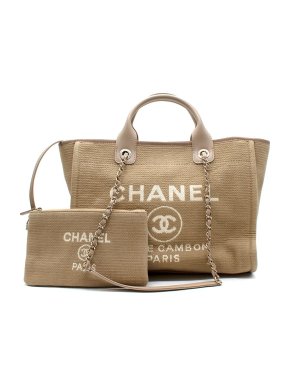 Chanel Logo Cotton Beige Woven Tote Bag