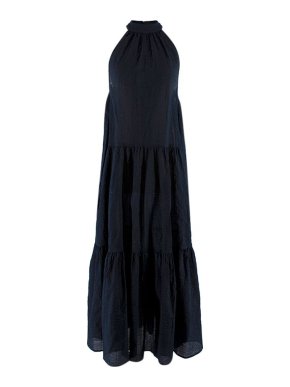 Marysia Pleated Navy Textured Cotton Tiered Midi Dress