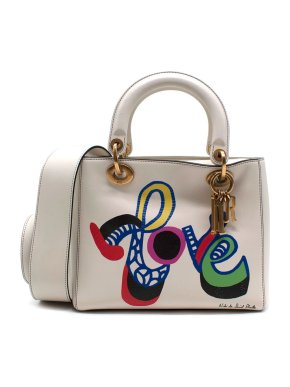 Love Print White Smooth Leather Medium Lady Dior Bag