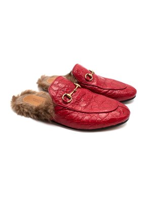Gucci Princetown Fur-lined Croc Embossed Leather Slippers