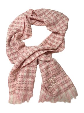 Chanel Pink Checked Tweed CC Cahsmere Scarf