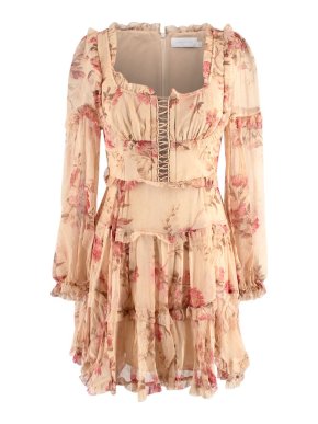 Zimmermann Lace-up Floral Tiered Mini Dress