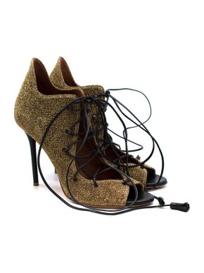 Malone Souliers Savannah Gold and Black Lace-Up Leather Sandal Heels