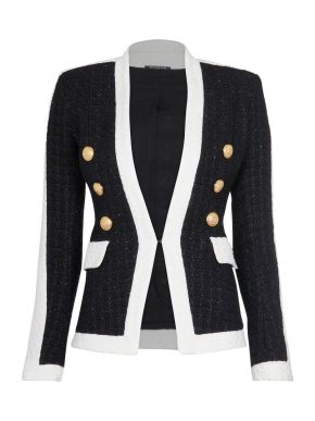 Balmain Contrast Trimmed Black & White Tweed Blazer