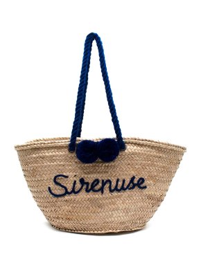 Le Siraneuse Blue Embroidered Basket Weave Beach Bag