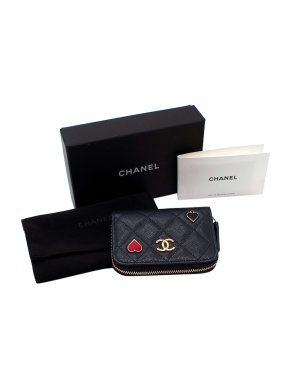 Chanel Heart & Ace Badge Zip-Around Caviar Quilted Compact Wallet
