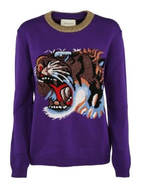 Gucci Purple Tiger Motif Intarsia Wool Jumper