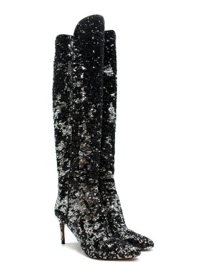 Aquazzura Black & Silver Sequin Knee Boots