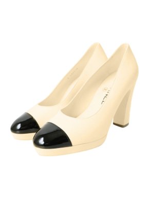 Chanel Ecru & Black Platform Block Heel Pumps