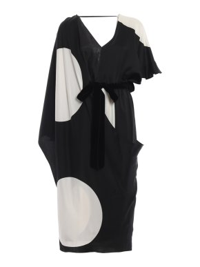 Valentino Garavani Black & White Circle Printed Asymmetric Silk Dress
