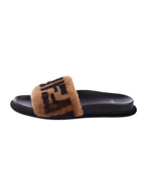 Fendi Zucca Logo Faux Shearling Slides