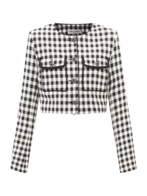 Self Portrait Round-neck Checked-twill Cropped Jacket