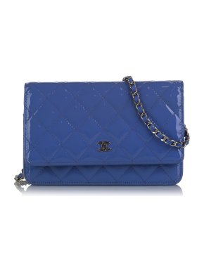 Chanel Blue Quilted Patent Leather Wallet on Chain