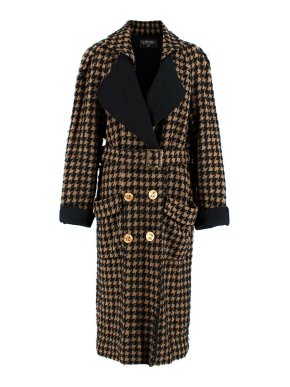 Chanel Vintage Clover Button Houndstooth Tweed Double Breasted Coat