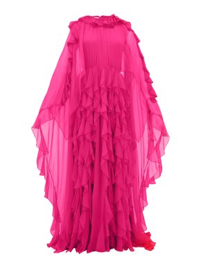 Valentino Pink Ruffle-collar Cape-sleeve Silk-chiffon Gown