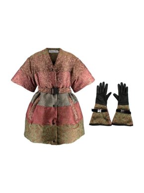 Dior Brocart Quilted Mid-Length Down Belted Jacket and Gloves