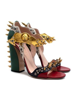 Gucci Gold Tone Spiked Green and Red Sandals