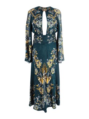 Roberto Cavalli Teal Floral Embellished Key-hole Midi Dress