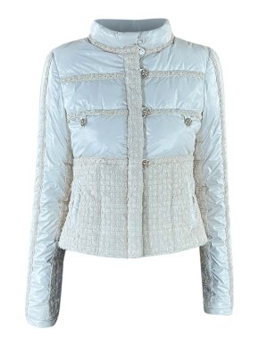 Chanel Pearl/Ecru Silk & Tweed Puffer Jacket