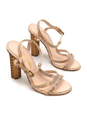 Chanel Snakeskin Block Heel Strappy Sandals