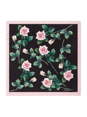 Dolce & Gabbana Black & Pink Rose Print Silk Scarf