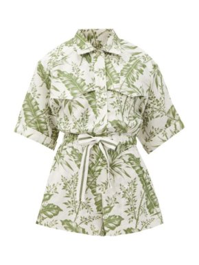 Zimmermann Green Empire Palm Printed Linen Romper