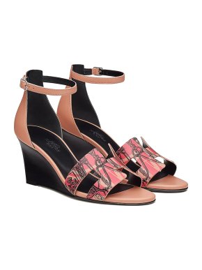 Hermes Legend Printed Rose Leather Wedge Sandals