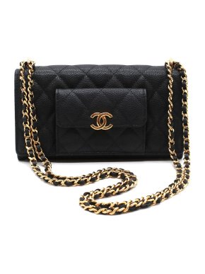Chanel Quilted Black Grained Caviar Leather Wallet on Chain