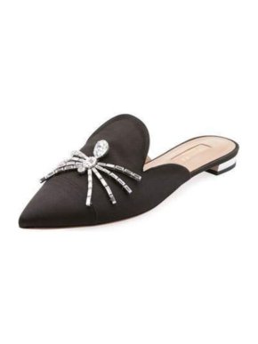 Aquazzura Black Satin Crystal Spider Embellished Flat Mules