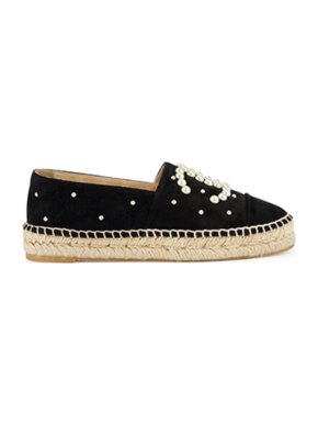Chanel Black Suede Pearl Embellished CC Espadrilles