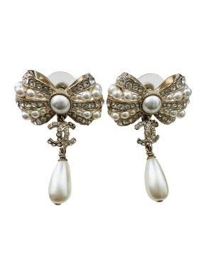 Chanel Crystal & Faux Pearl Embellished Bow Drop Earrings