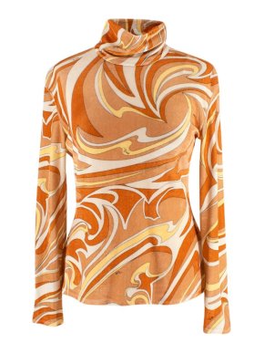 Emilio Pucci Orange Vortici Print Velvet Turtleneck Top
