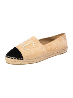 Chanel Suede Beige Faux Pearl Studded Espadrilles